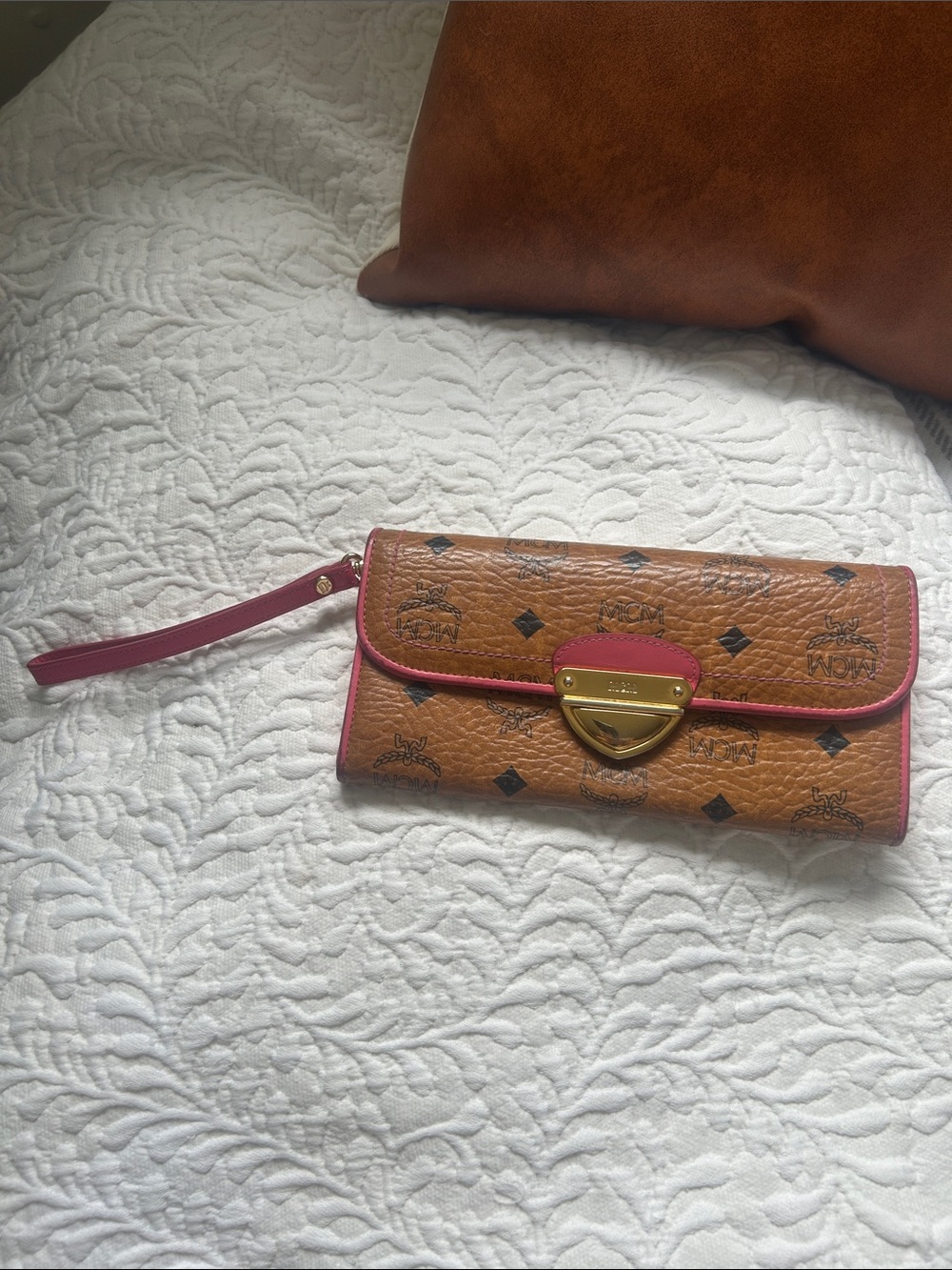 MCM Brown and Pink Logo Wristlet Clutch